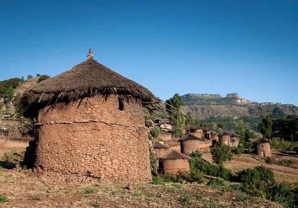 Vue Sur Les Maisons Traditionnelles Tukul Éthiopien Circulaire Dans Village — Photo