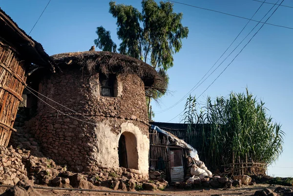 Vista Tradicional Circular Ethiopian Tukul Casas Hadish Adi Aldeia Lalibela — Fotografia de Stock