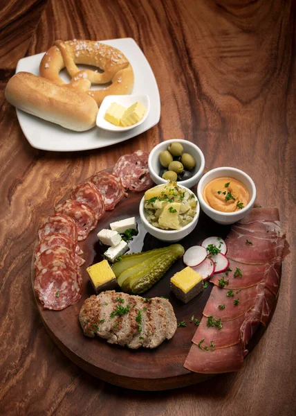 German Cold Cuts Tapas Snack Platter Meats Bread Wood Table — Stock Photo, Image