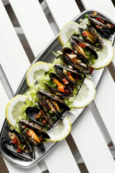 Steamed Mussels Pico Gallo Tapas Portion Barcelona Restaurant Spain — Stock Photo, Image