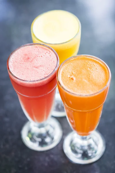 Fresh orange carrot and watermelon fruit juice — Stock Photo, Image