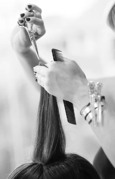 Hairstylist cutting hair of female customer — Stock Photo, Image