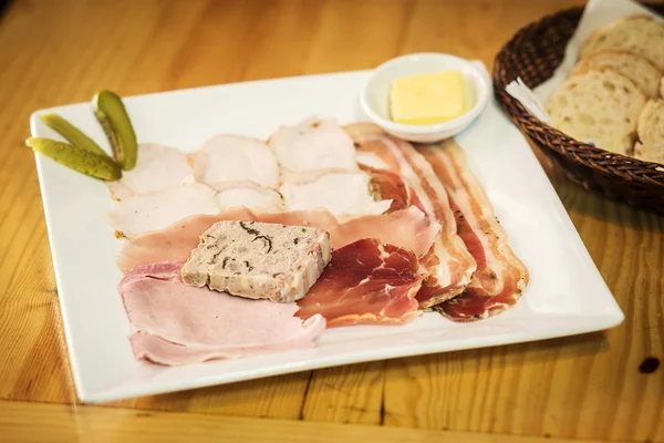 French charcuterie and pate  starter with toast — Stock Photo, Image