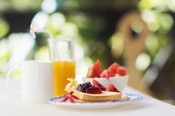 Jam toast juice fruit and coffee set — Stock Photo, Image