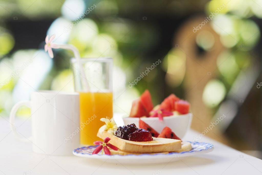 jam toast juice fruit and coffee set
