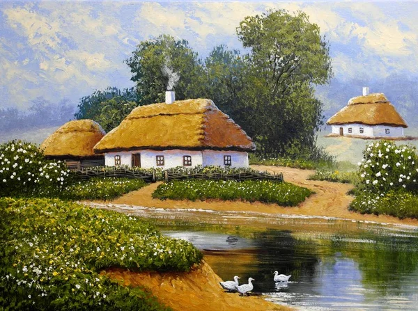 Belle Arti Dipinti Olio Paesaggio Rurale Vecchio Villaggio Ucraina — Foto Stock