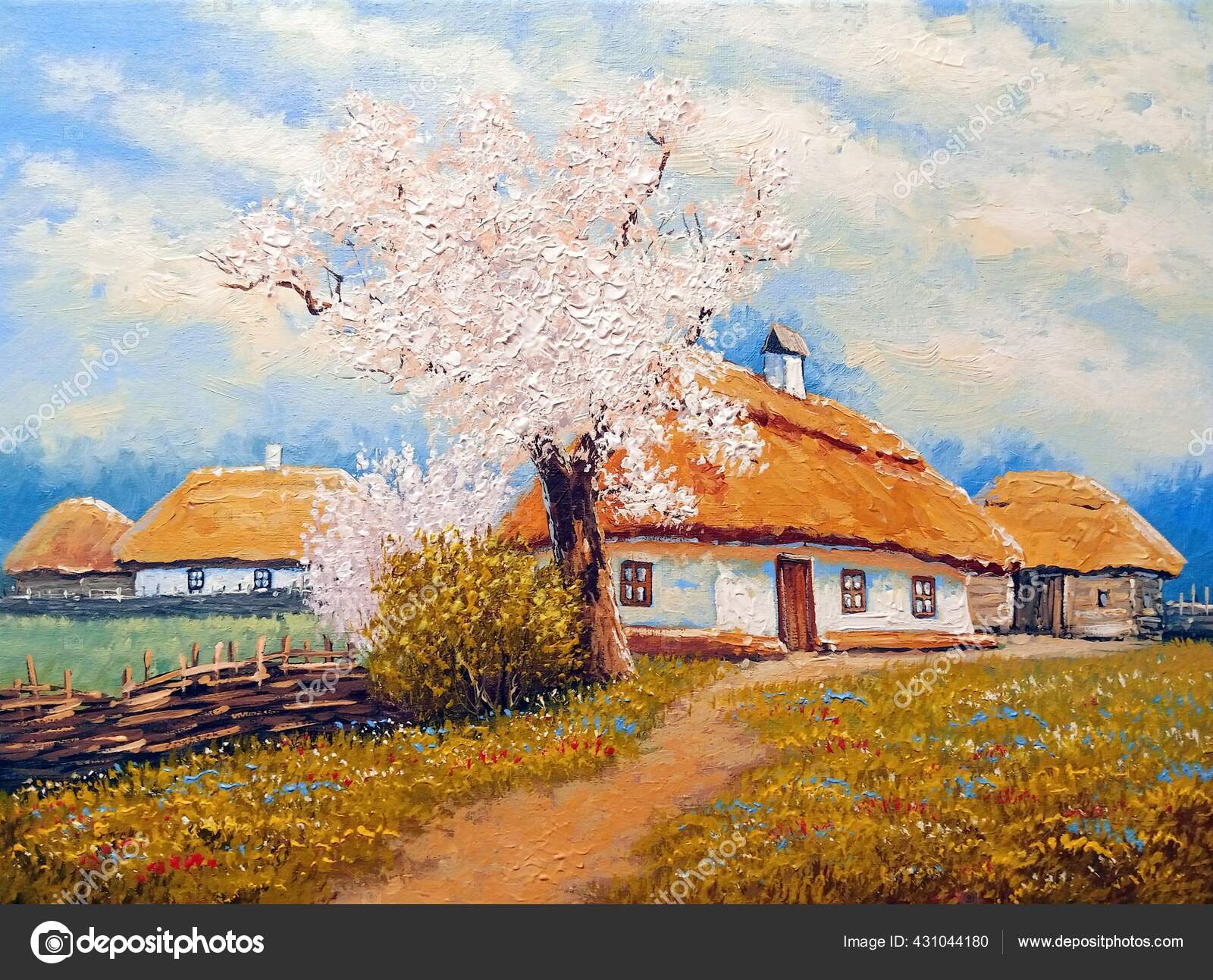 油絵農村風景 古い村 家や木と風景 美術品— ストック