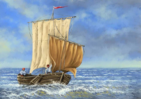 絵画海の風景 海の中に船 美術品 — ストック写真
