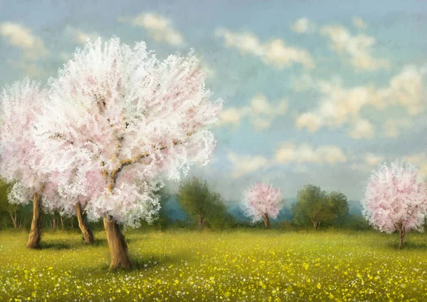 Pinturas Digitales Óleo Paisaje Tree Primavera Flor Primavera — Foto de Stock