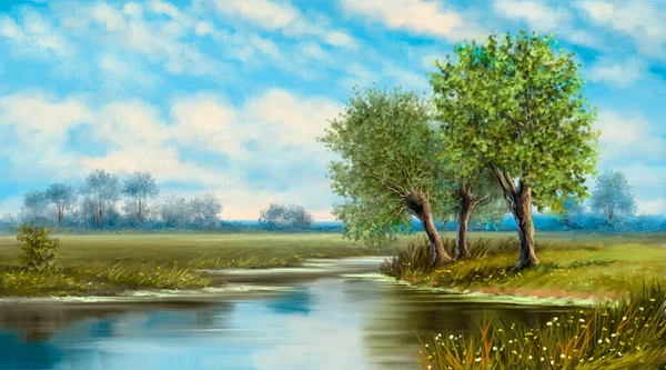 Oil paintings landscape with trees and water. Fine art.