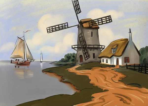 Paintings Landscape Dutch Windmill Country Fine Art — Stock Photo, Image