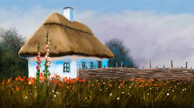 Petrol resimleri, geleneksel Ukrayna köy evi.