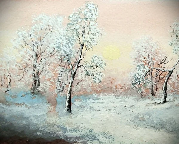 Pinturas Óleo Paisaje Con Árboles Nieve Bellas Artes —  Fotos de Stock