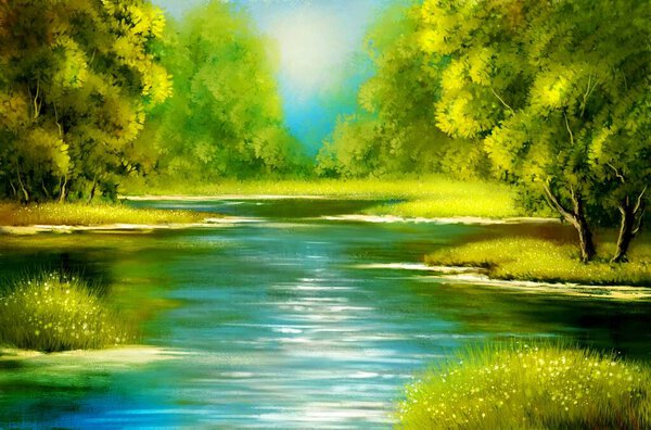 Paintings rural landscape with river. Fine art, masterpieces paintings