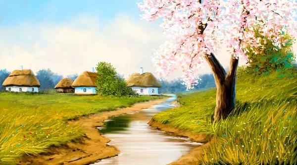 Spring Paintings Landscape Old Village House Hill Landscape River — Stock Photo, Image