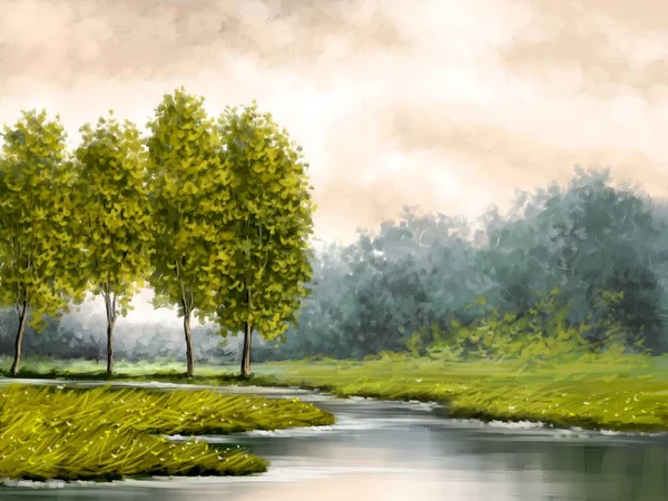 Gemälde Ländliche Landschaft Mit Bäumen Und See Schöne Kunst — Stockfoto