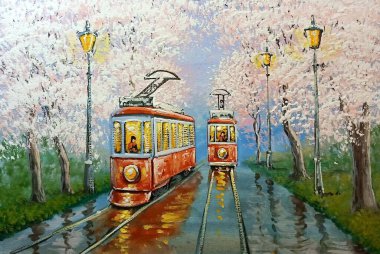 Bahar resimleri. Yağlı boya. Tramvay, güzel sanatlar, tren yolu.