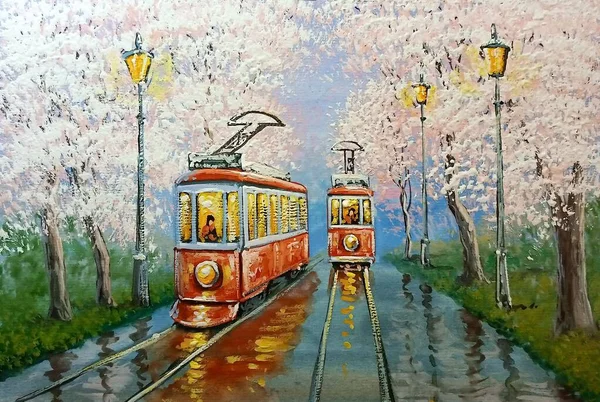 Spring  paintings landscape. Oil paint. Tram, fine art, train on the railway