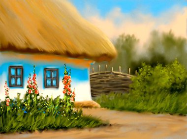 Suluboya resimler kırsal alan, bahçedeki eski ev.