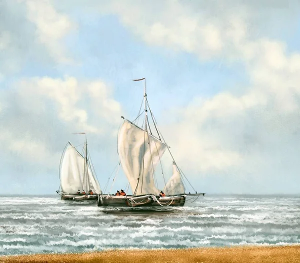 Θαλάσσιες Ζωγραφιές Τοπίο Ιστιοπλοϊκό Σκάφος Στη Θάλασσα Καλές Τέχνες — Φωτογραφία Αρχείου
