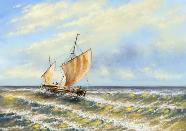 Пейзаж Масляной Живописи Рыбак Корабли Морской Пейзаж Парусная Лодка Море — стоковое фото