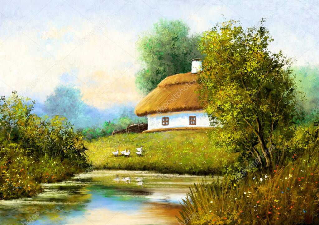 Oil paintings rural landscape, house on the river. Fine art, masterpiece.