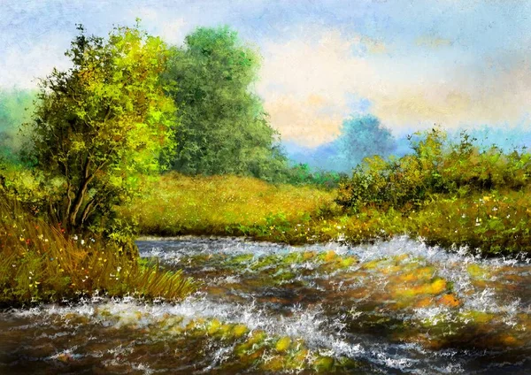 Oil Paintings Rural Landscape River Forest Fine Art Masterpiece — Stock Photo, Image