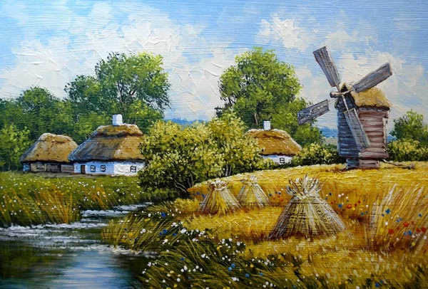 Peintures Huile Paysage Rural Vieux Village Moulin Vent Dans Pays — Photo