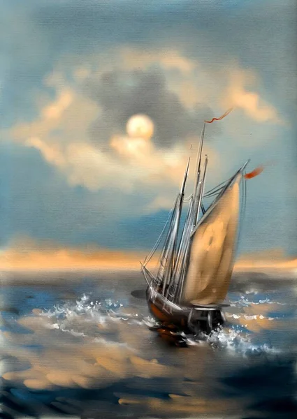 Akvarell Målar Havet Landskap Segelbåt Vid Solnedgången Konst — Stockfoto
