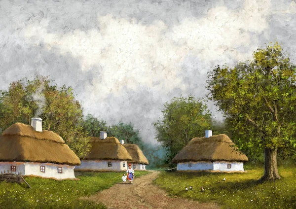 Oljemålningar Landsbygdslandskap Ukraina Gammalt Hus Landsbygden Konst — Stockfoto