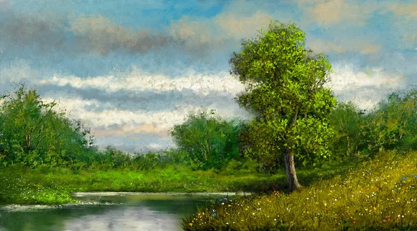 Живопись Маслом Сельский Пейзаж Утро Лесу Изобразительное Искусство Шедевр — стоковое фото
