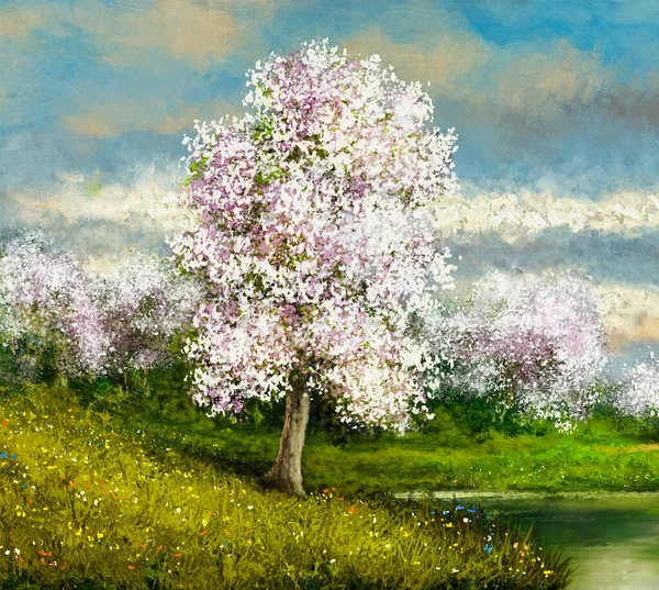 Malarstwo Olejne Landscape Tree Wiosną Kwitną Wiosną — Zdjęcie stockowe
