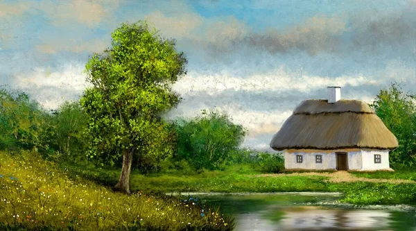 Живопись Маслом Сельский Пейзаж Старый Дом Озере — стоковое фото