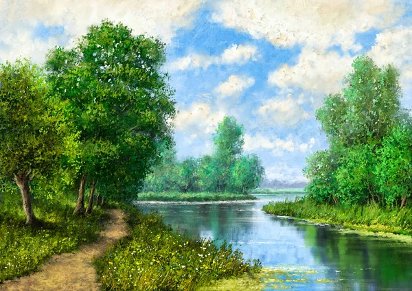 Kunstwerk Ölgemälde Landschaft Bildende Kunst Landschaft Mit See Und Bäumen — Stockfoto