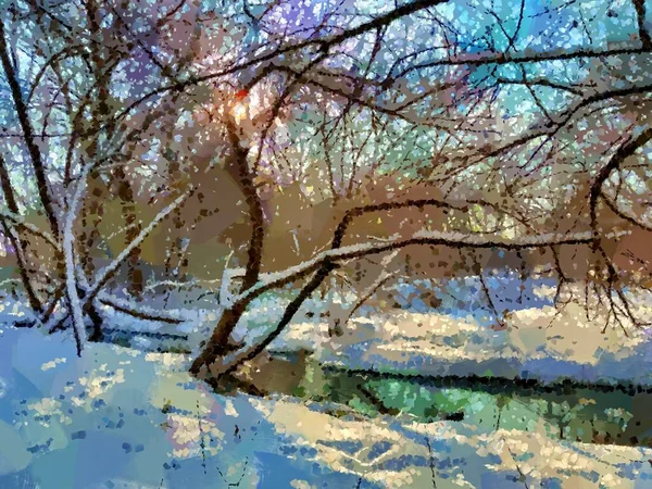 油絵農村部の冬の風景 冬の森の川 美術品美術品 — ストック写真