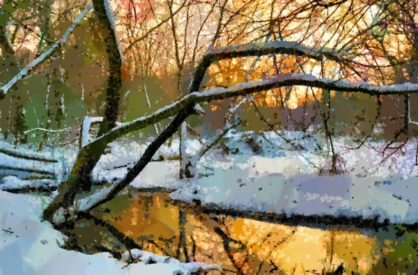 Peintures Huile Paysage Rural Hiver Rivière Dans Forêt Hiver Beaux — Photo