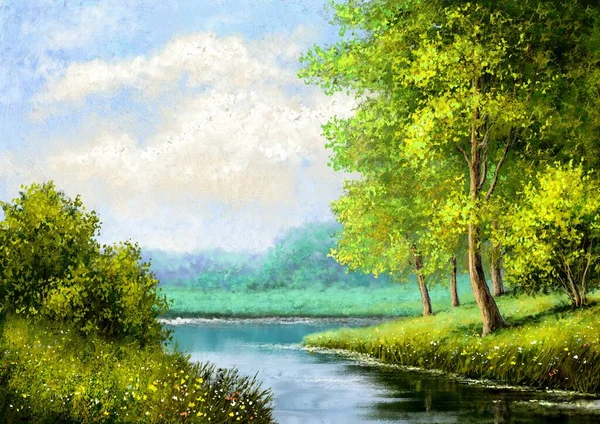 Obraz Olejny Krajobraz Rzeki Sztuka Piękna — Zdjęcie stockowe