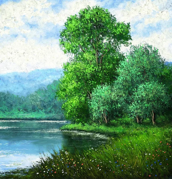 Ölgemälde Landschaft Mit Fluss Schöne Kunst Baum Auf Dem Wasser — Stockfoto