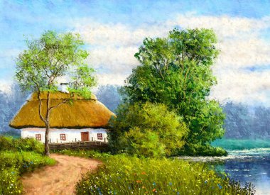 Dijital yağlı boya tabloları, Ukrayna 'daki eski bir köy. Güzel sanatlar, sanat eserleri.