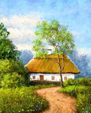Dijital yağlı boya tabloları, Ukrayna 'daki eski bir köy. Güzel sanatlar, sanat eserleri.