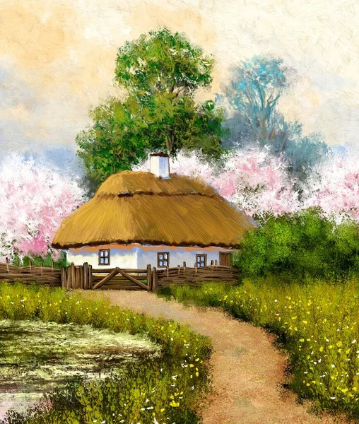 Oil paintings rural landscape, spring landscape with flowers. Fine art, house in the woods