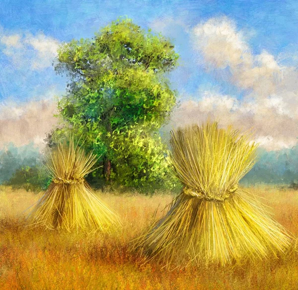 Oil Paintings Rural Landscape Golden Wheat Field Summer Fine Art — 스톡 사진