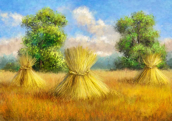 Oil Paintings Rural Landscape Golden Wheat Field Summer Fine Art — Stok fotoğraf