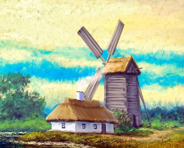 Oil paintings rural landscape, old village, windmill in the Ukraine. Fine art, artwork.
