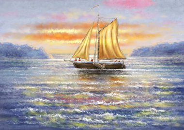 Yağ tabloları deniz manzarası, gün batımında yelkenli teknesi. Güzel sanatlar. 