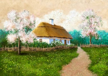 Yağ tabloları kırsal alan, eski köy, baharda eski ev. Güzel sanatlar.
