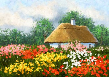 Yağlı boya tablo manzarası, çiçekli ahşap ev ve çimenler.