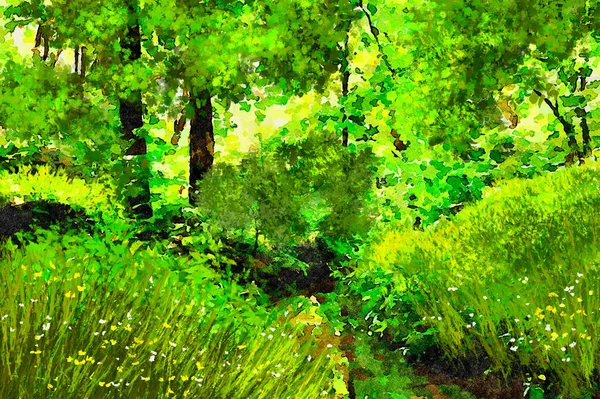Digital watercolor paintings summer landscape, river in the forest, landscape with river and trees. Fine art, artwork