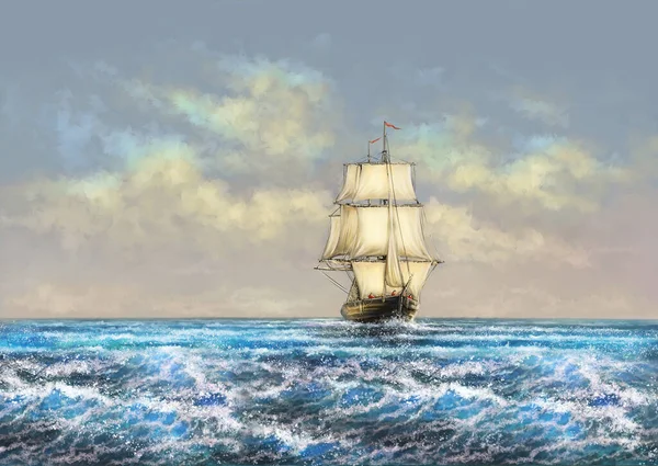 Oil Paintings Sea Landscape Fine Art Sailing Ship Sea — Stock Photo, Image