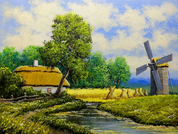 Dipinti Olio Paesaggio Rurale Villaggio Ucraina Vecchio Mulino Vento Nel — Foto Stock
